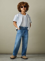 Reiss Blue/White Kesh 3-9 yrs Herringbone Cuban Collar Shirt - Image 4 of 5