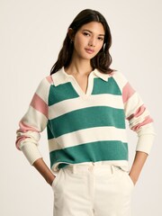 Joules Marion Pink & Green Striped V-Neck Jumper With Collar - Image 1 of 6