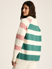 Joules Marion Pink & Green Striped V-Neck Jumper With Collar - Image 2 of 6