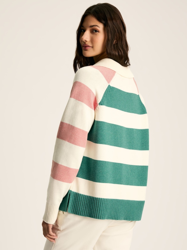 Joules Marion Pink & Green Striped V-Neck Jumper With Collar - Image 2 of 6
