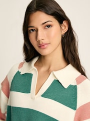 Joules Marion Pink & Green Striped V-Neck Jumper With Collar - Image 4 of 6