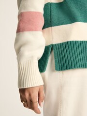 Joules Marion Pink & Green Striped V-Neck Jumper With Collar - Image 5 of 6