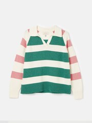 Joules Marion Pink & Green Striped V-Neck Jumper With Collar - Image 6 of 6