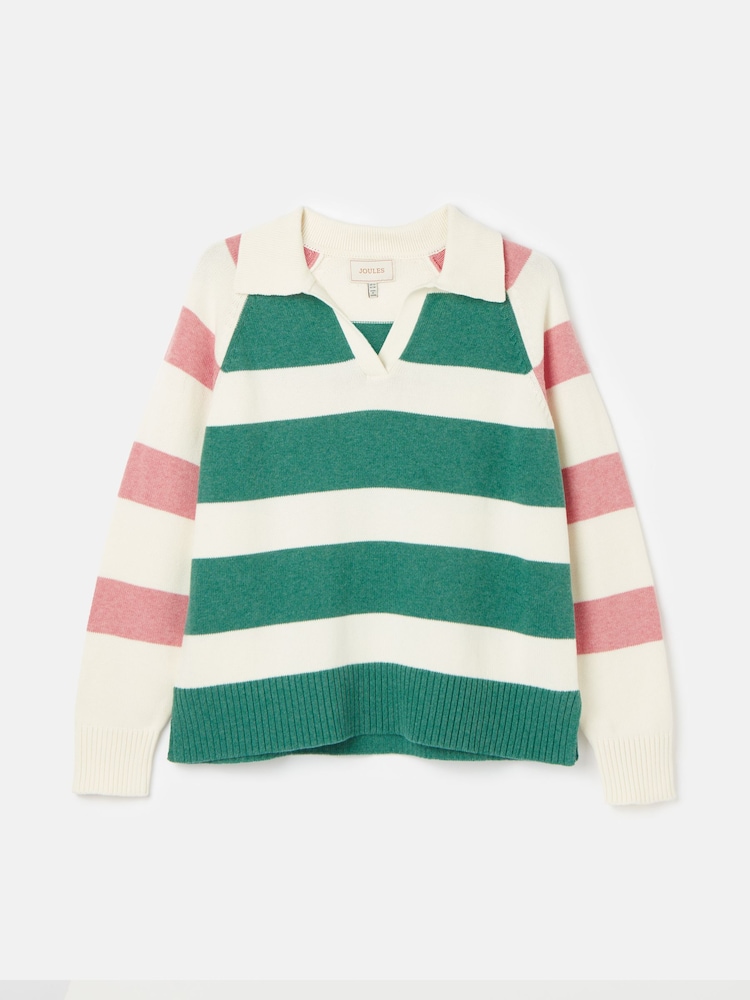 Joules Marion Pink & Green Striped V-Neck Jumper With Collar - Image 6 of 6