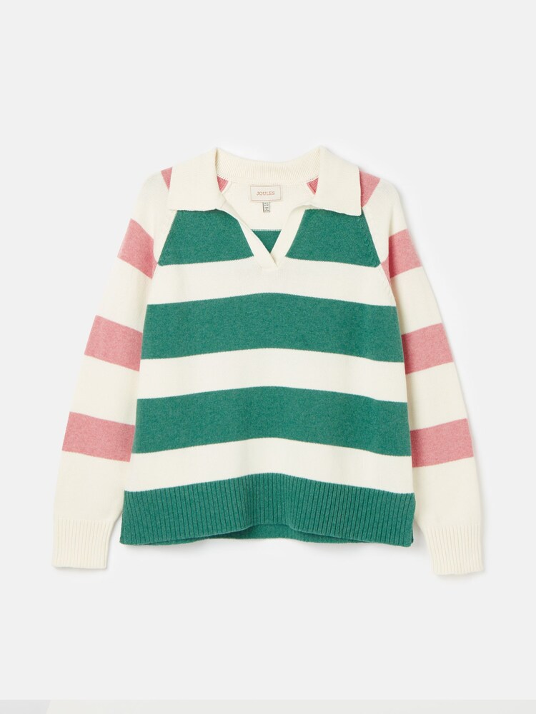 Joules Marion Pink & Green Striped V-Neck Jumper With Collar - Image 6 of 6 Joules Marion Pink & Green Striped V-Neck Jumper With Collar - Image 6 of 6