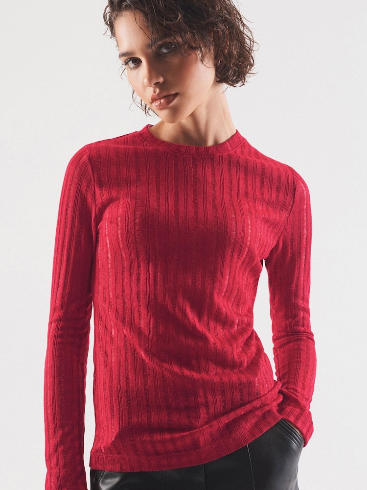 Red Long Sleeve Crew Neck Ladder Top - Image 1 of 6