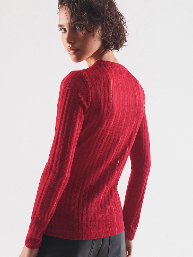 Red Long Sleeve Crew Neck Ladder Top - Image 3 of 6