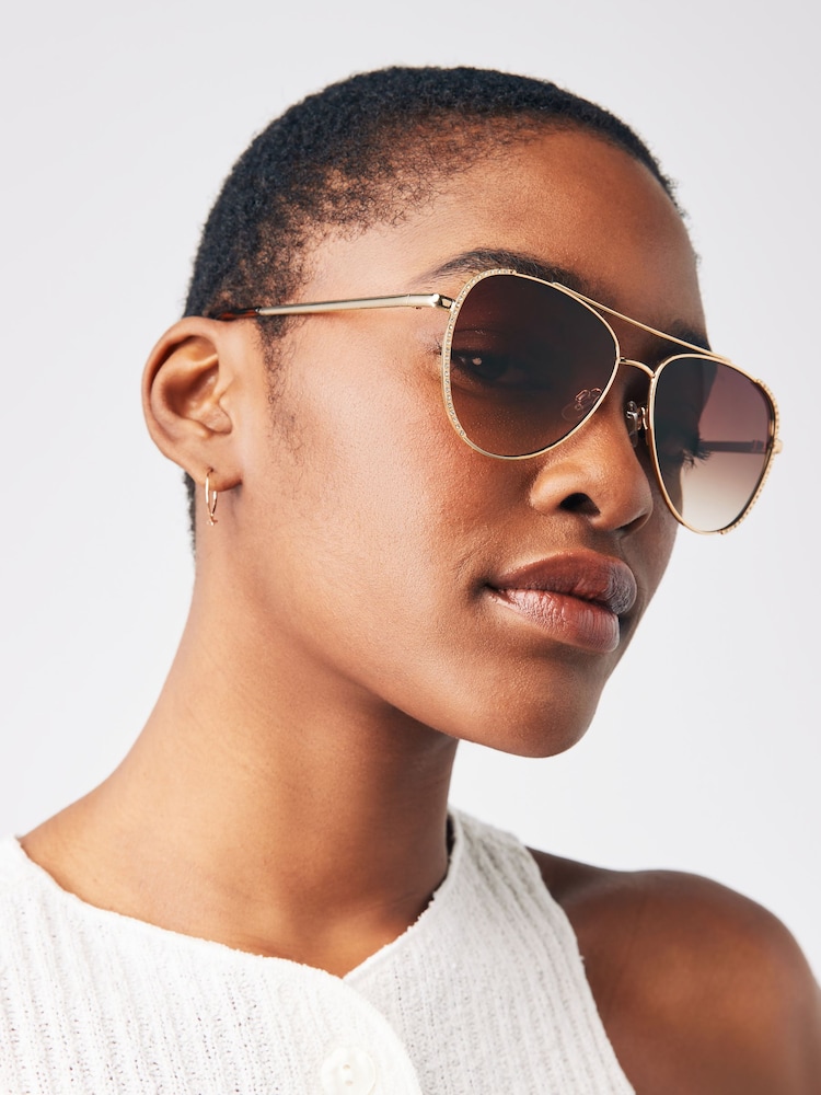 Gold Sparkle Detail Aviator Singlasses - Image 1 of 5 Gold Sparkle Detail Aviator Singlasses - Image 1 of 5