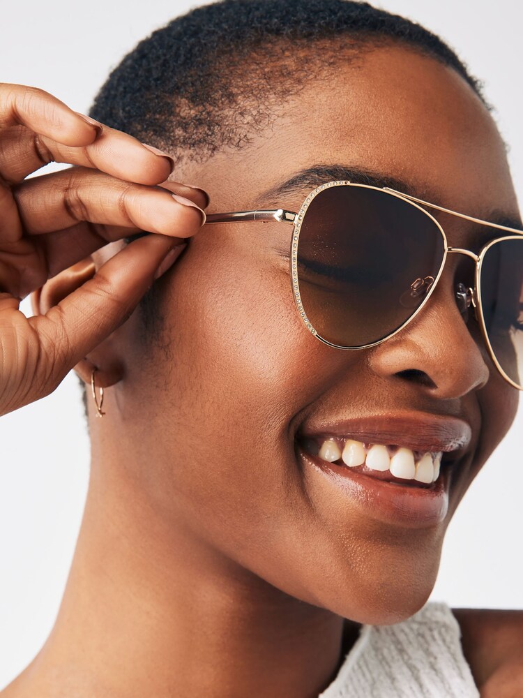 Gold Sparkle Detail Aviator Singlasses - Image 2 of 5 Gold Sparkle Detail Aviator Singlasses - Image 2 of 5