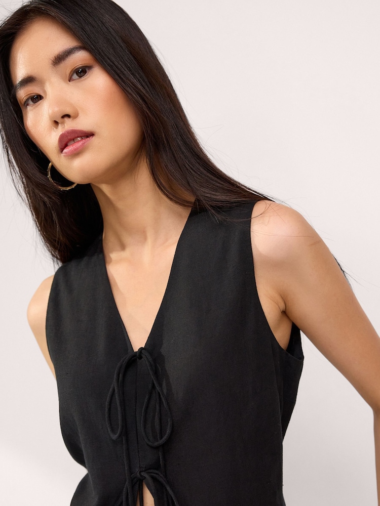 Black Linen Blend Tie Front Waistcoat - Image 1 of 6