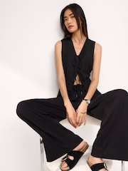 Black Linen Blend Tie Front Waistcoat - Image 4 of 6