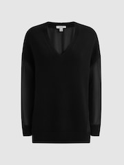 Reiss Black Shelly Hybrid Knit and Sheer V-Neck Jumper - Image 2 of 6