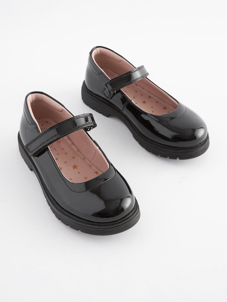 Black Patent Wide Fit (G) School Leather Chunky Mary Jane Shoes - Image 2 of 6