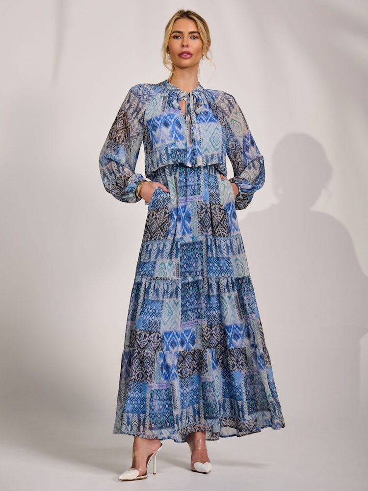 Μπλε - Jolie Moi Long Sleeve Chiffon Tiered Maxi Dress - Εικόνα 1 από 6