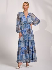 Μπλε - Jolie Moi Long Sleeve Chiffon Tiered Maxi Dress - Εικόνα 3 από 6