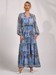 Μπλε - Jolie Moi Long Sleeve Chiffon Tiered Maxi Dress - Εικόνα 4 από 6