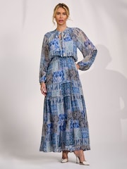 Μπλε - Jolie Moi Long Sleeve Chiffon Tiered Maxi Dress - Εικόνα 5 από 6