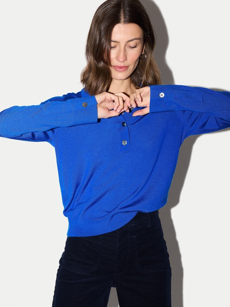 Jigsaw Blue Fine Merino Knitted Polo Shirt - Image 1 of 7 Jigsaw Blue Fine Merino Knitted Polo Shirt - Image 1 of 7