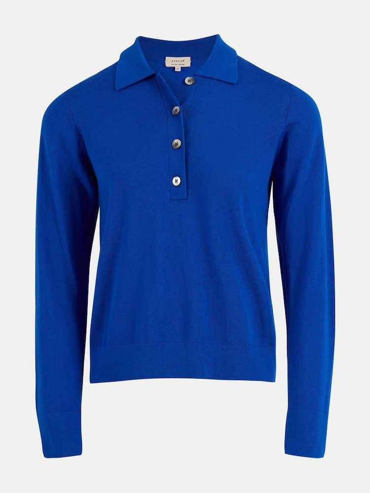 Jigsaw Blue Fine Merino Knitted Polo Shirt - Image 7 of 7 Jigsaw Blue Fine Merino Knitted Polo Shirt - Image 7 of 7