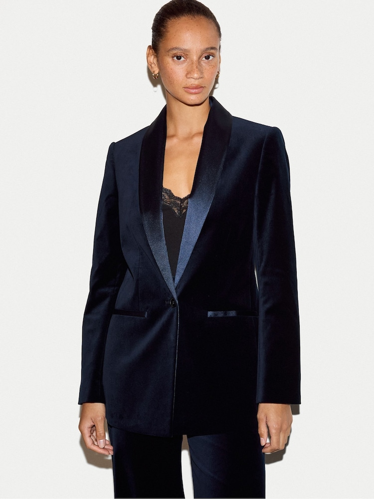 Jigsaw Blue Velvet Shawl Collar Jacket - Image 1 of 7 Jigsaw Blue Velvet Shawl Collar Jacket - Image 1 of 7