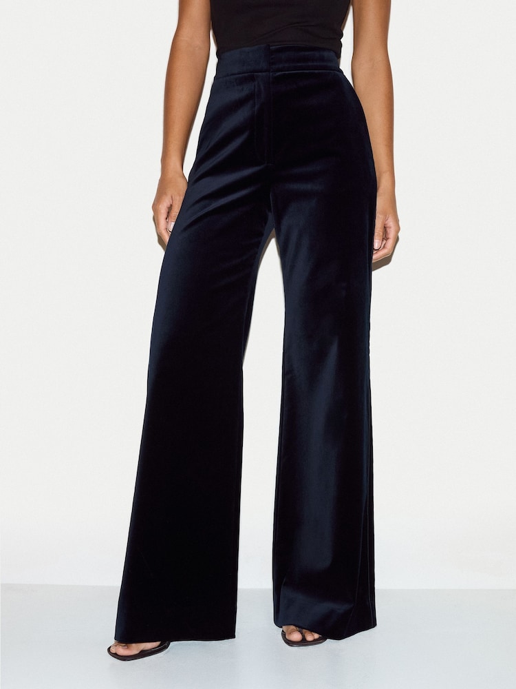 Jigsaw Blue Velvet Satin Wide Leg Trousers - Image 1 of 6 Jigsaw Blue Velvet Satin Wide Leg Trousers - Image 1 of 6