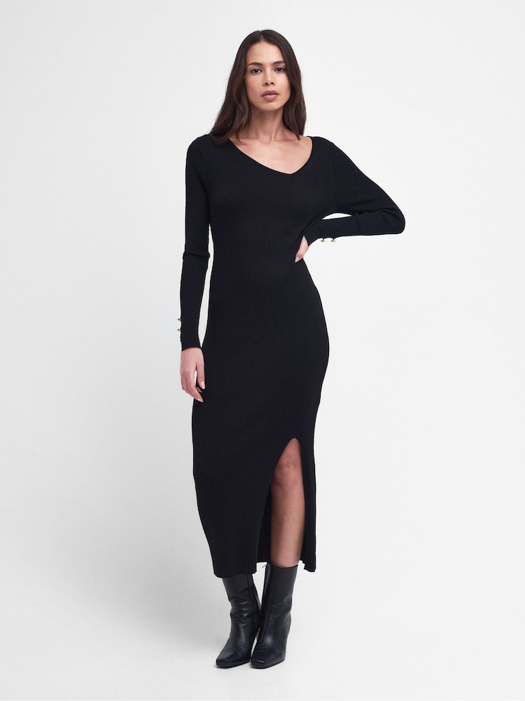 Barbour® International Piquet Knitted Black Midi Dress - Image 1 of 7