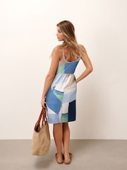 Blue Abstract Button Down 100% Cotton Cami Summer Dress - Image 4 of 7