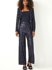 Navy Blue Sequin Wide Leg Trousers - Image 1 of 7