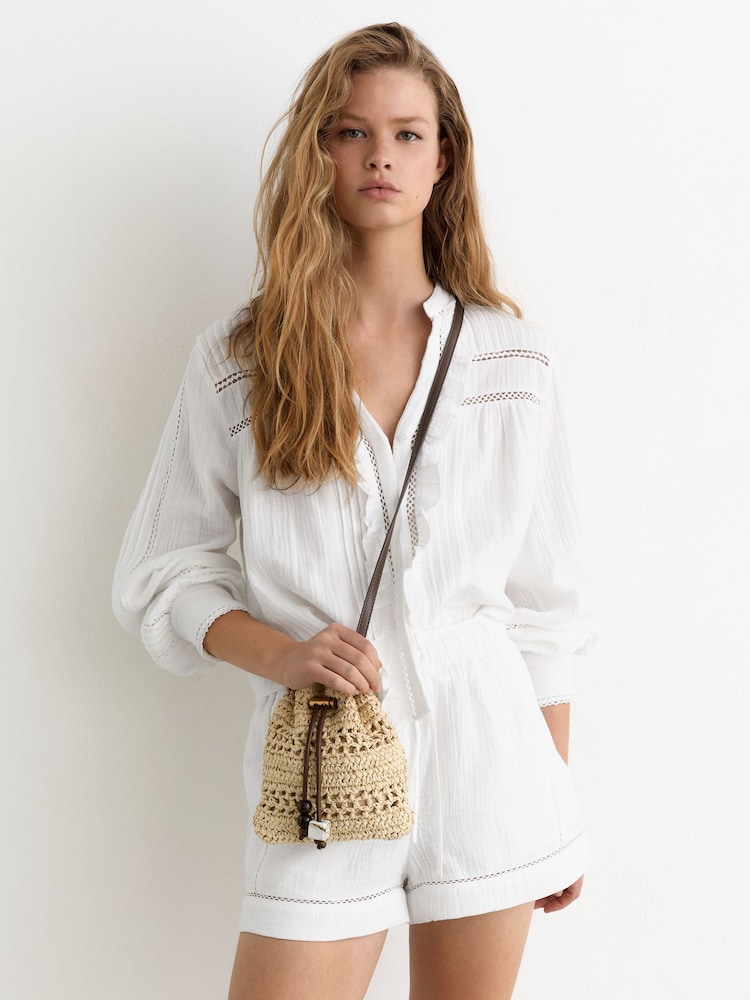 Reiss White Rue Cotton Cheesecloth Stitch-Detail Shorts - Image 1 of 6