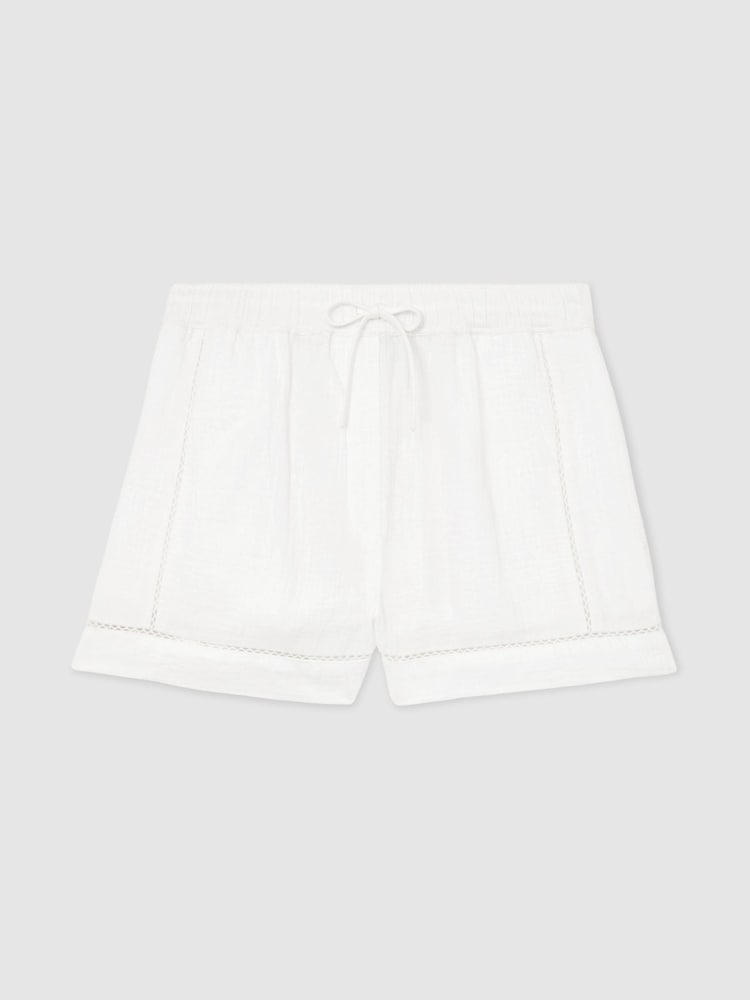 Reiss White Rue Cotton Cheesecloth Stitch-Detail Shorts - Image 2 of 6