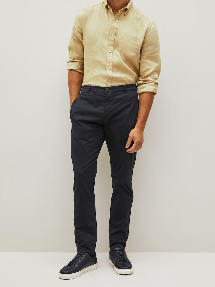 Navy Blue Slim Fit Premium Laundered Stretch Chinos Trousers - Image 1 of 1