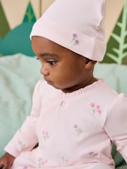 JoJo Maman Bébé Pink Floral Embroidered Wrapover Sleepsuit & Hat Set - Image 1 of 3