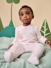 JoJo Maman Bébé Pink Floral Embroidered Wrapover Sleepsuit & Hat Set - Image 2 of 3