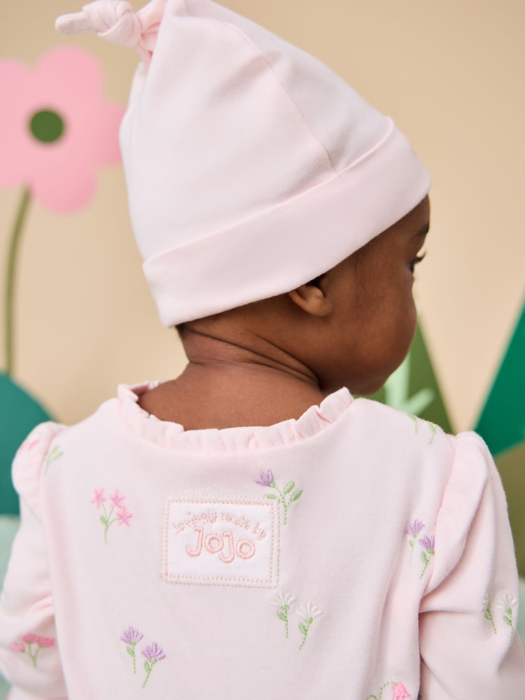 JoJo Maman Bébé Pink Floral Embroidered Wrapover Sleepsuit & Hat Set - Image 3 of 3 JoJo Maman Bébé Pink Floral Embroidered Wrapover Sleepsuit & Hat Set - Image 3 of 3