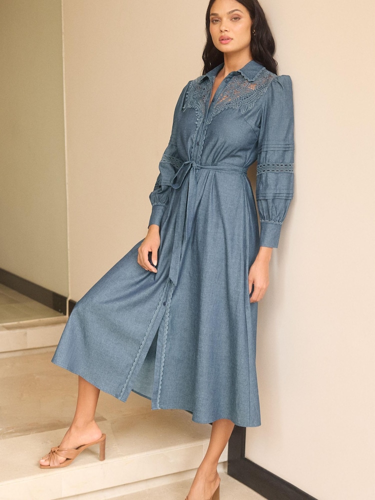 Lipsy Navy Blue Lace Detail Long Sleeve Midi Shirt Dress With Tie Belt - Image 1 of 4