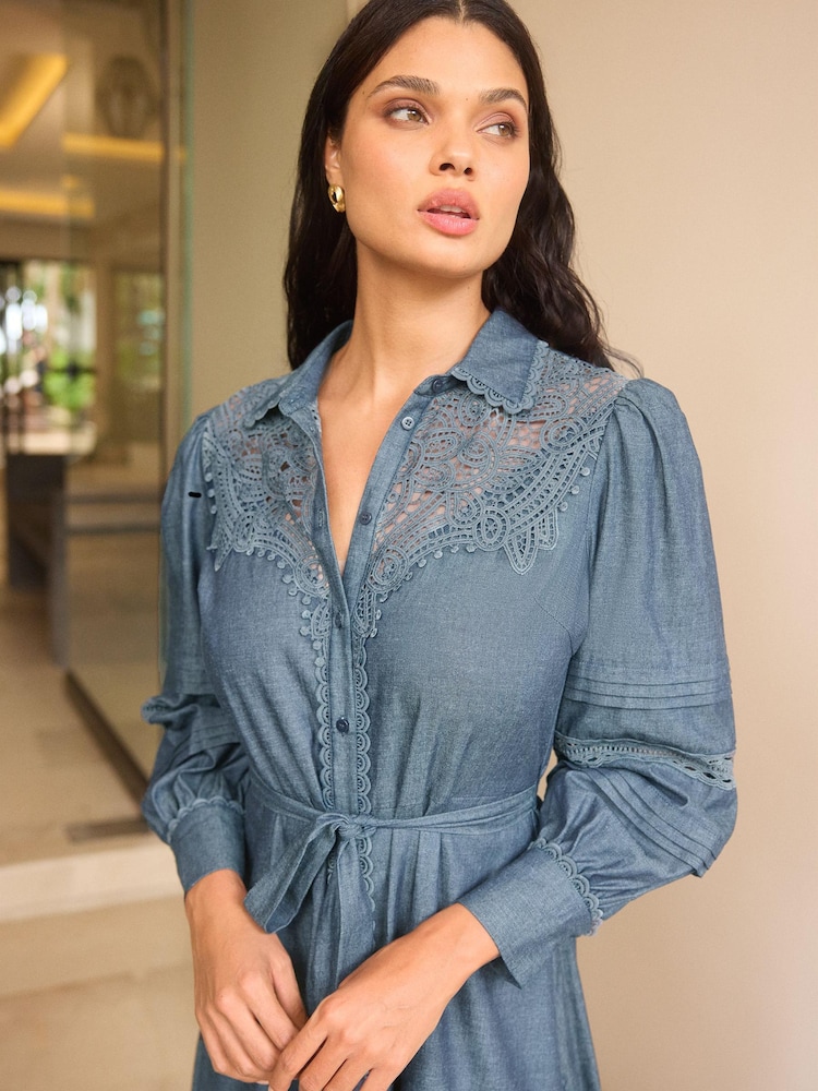 Lipsy Navy Blue Lace Detail Long Sleeve Midi Shirt Dress With Tie Belt - Image 2 of 4