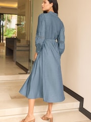 Lipsy Navy Blue Lace Detail Long Sleeve Midi Shirt Dress With Tie Belt - Image 4 of 4