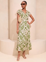 Lipsy Green Short Sleeve Tiered Printed Summer Midi Dress - Image 1 of 4