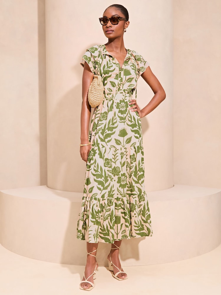 Lipsy Green Short Sleeve Tiered Printed Summer Midi Dress - Image 1 of 4