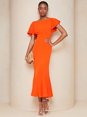 Lipsy Orange Flutter Sleeve Underbust Midi Dress - Image 1 of 4