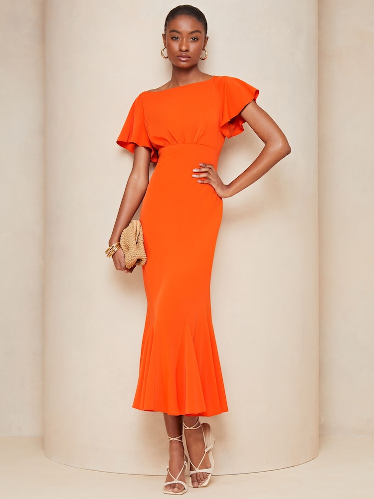 Lipsy Orange Flutter Sleeve Underbust Midi Dress - Image 1 of 4