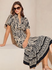Lipsy Natural Palm Print Petite Puff Sleeve Shirt Midi Dress - Image 1 of 4
