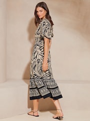 Lipsy Natural Palm Print Petite Puff Sleeve Shirt Midi Dress - Image 2 of 4