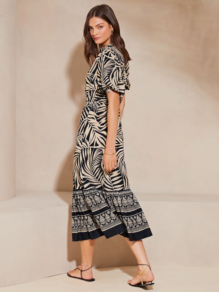 Lipsy Natural Palm Print Petite Puff Sleeve Shirt Midi Dress - Image 2 of 4