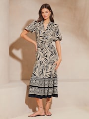Lipsy Natural Palm Print Petite Puff Sleeve Shirt Midi Dress - Image 3 of 4