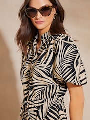 Lipsy Natural Palm Print Petite Puff Sleeve Shirt Midi Dress - Image 4 of 4