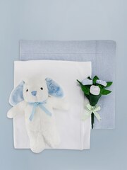 Babyblooms Blue 100% Cotton Cake Blanket with Personalised Baby Bunny Soft Toy Gift - Image 3 of 4