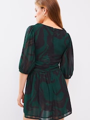 Green Printed Waisted Short Sleeve Mini Dress - Image 2 of 6