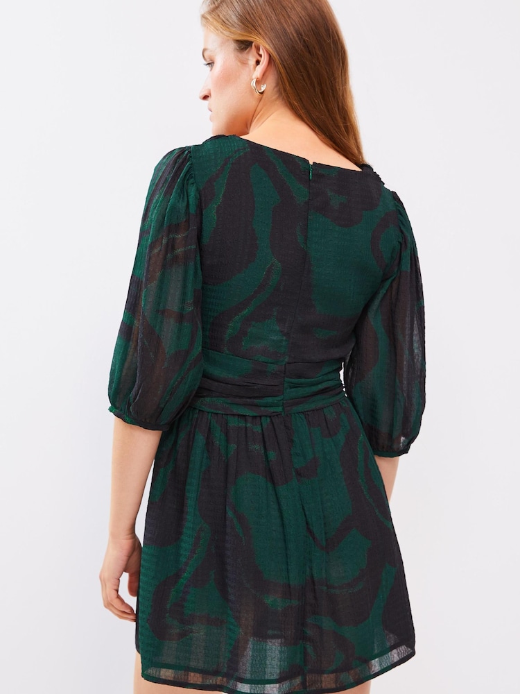 Green Printed Waisted Short Sleeve Mini Dress - Image 2 of 6 Green Printed Waisted Short Sleeve Mini Dress - Image 2 of 6