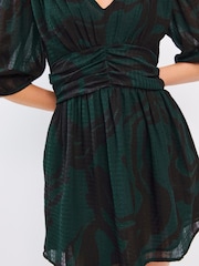 Green Printed Waisted Short Sleeve Mini Dress - Image 3 of 6